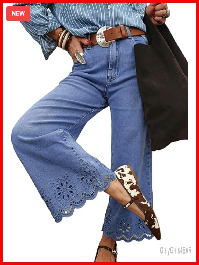 Wide Leg Embroidered Jeans High Waisted Stretchy Straight Leg Loose Fit Ankle